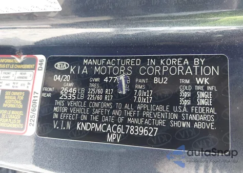 2020 Kia Sportage Lx z USA, uszkodzony, nr VIN KNDPMCAC6L7839627